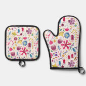 ワイルドフラワー水彩植物模様 鍋つかみ&鍋敷きセット (正面)
