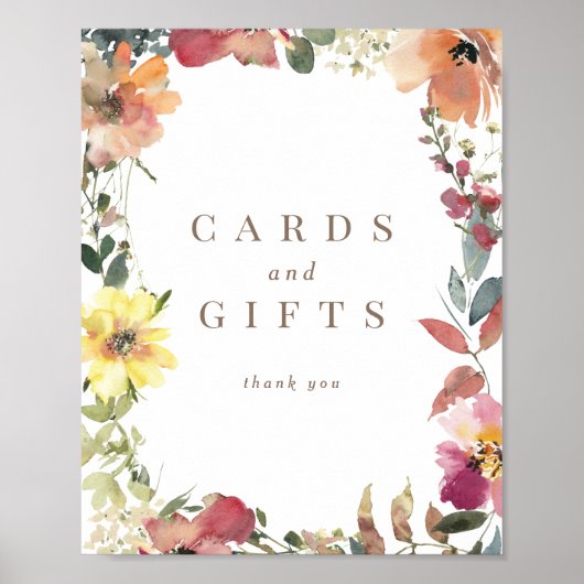 ワイルドフラワー水彩結婚式カードギフトサイン ポスター (正面)