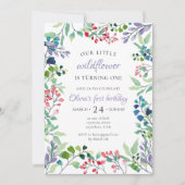 ワイルドフラワー水彩花イラストの1歳誕生日 招待状 (正面)