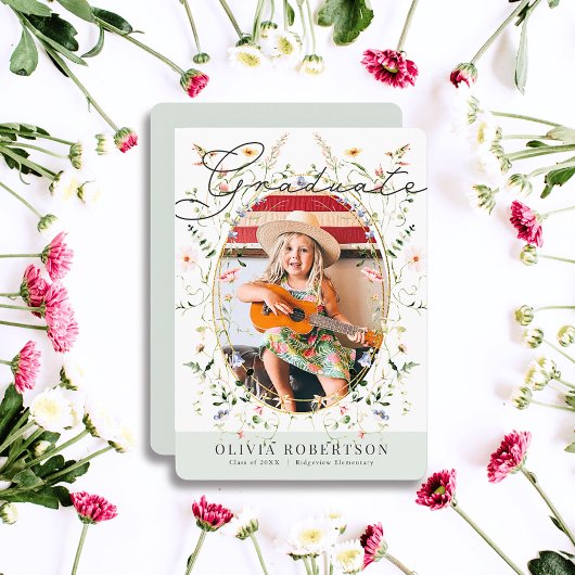 ワイルドフラワー水彩花ガール写真卒業 招待状