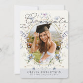 ワイルドフラワー水彩青フローラ写真卒業 招待状 (正面)