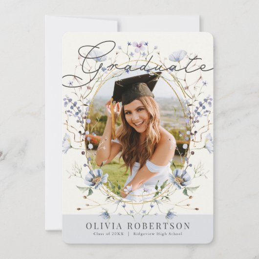 ワイルドフラワー水彩青フローラ写真卒業 招待状 (正面)