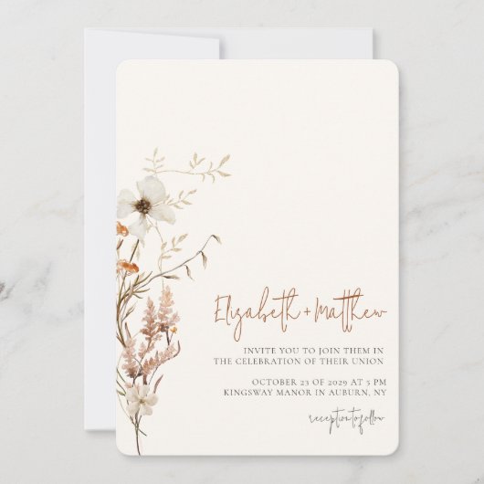 ワイルドフラワー水彩 ミニマルウェディング招待状 招待状 (正面)