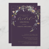 ワイルドフラワー深いプラムカップルブライダルシャワー 招待状 (正面/裏面)