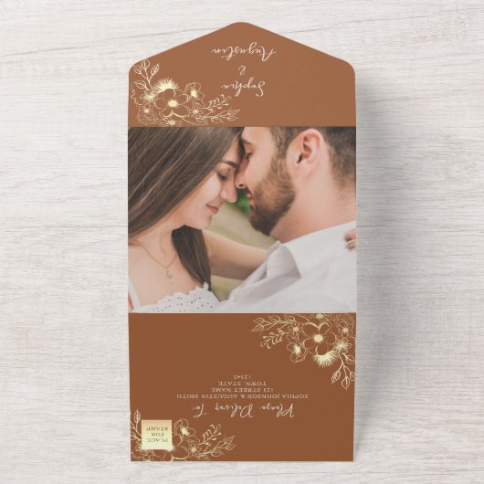 ワイルドフラワー焦げオレン結婚ジの オールインワン招待状 (外側)