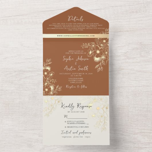 ワイルドフラワー焦げオレン結婚ジの オールインワン招待状 (内側)