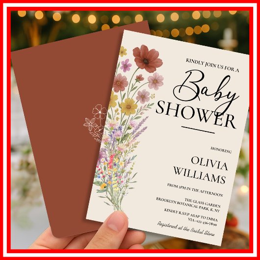 ワイルドフラワー焼きオレンジボホベイビーシャワー 招待状