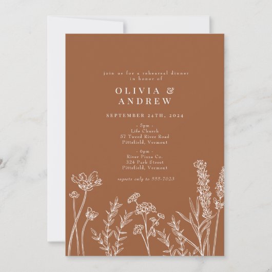 ワイルドフラワー焼きオレンジリハーサルディナー 招待状 (正面)