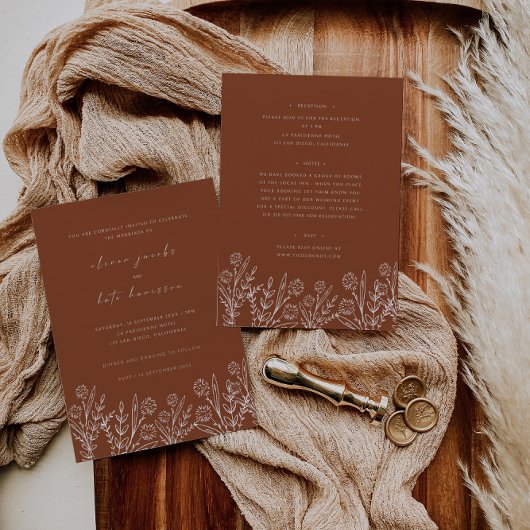 ワイルドフラワー焼けオレンジのフロントとバック結婚ズ 招待状