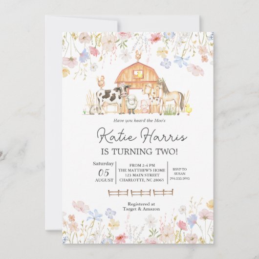 ワイルドフラワー牛誕生日招待状 招待状 (正面)