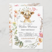 ワイルドフラワー牛誕生日招待状 招待状 (正面/裏面)