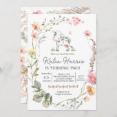 ワイルドフラワー牛誕生日招待状 招待状 (正面/裏面)