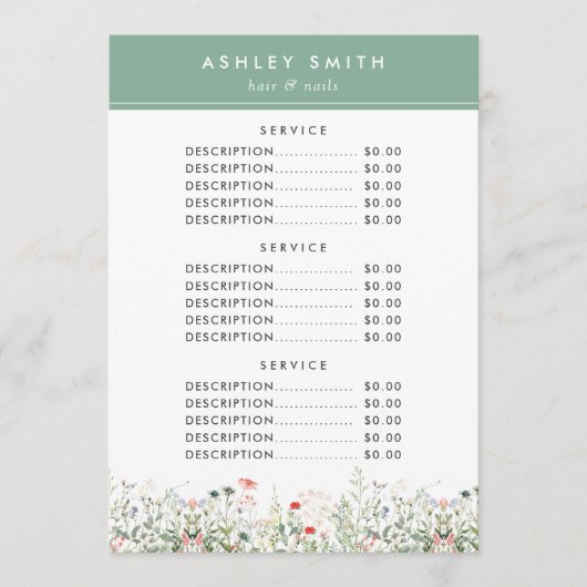 ワイルドフラワー牧草地の価格メニュー メニュー (正面)