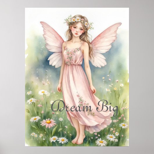 ワイルドフラワー牧草地の壁にピンクの水の色の妖精 ポスター (正面)