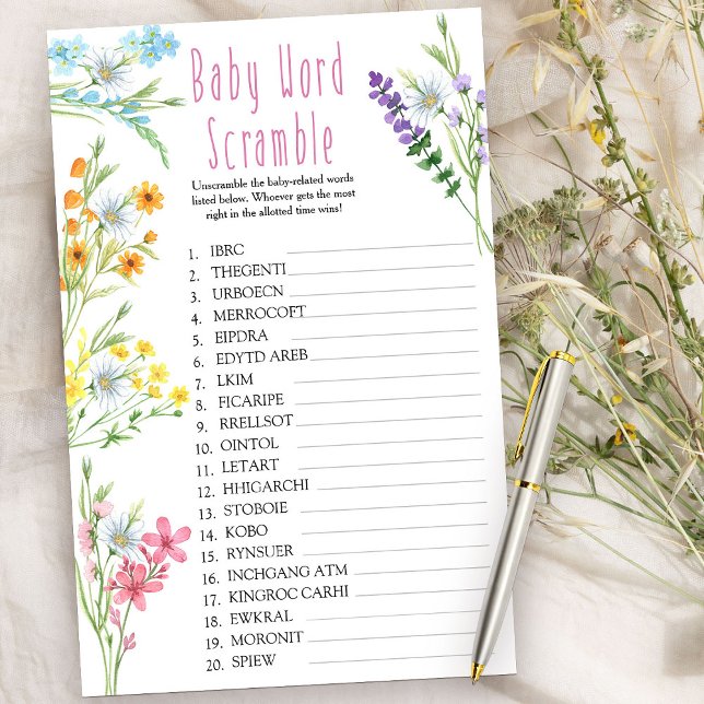 ワイルドフラワー牧草地ベビー単語スクランブルシャワーゲーム (Baby Shower Game - Baby Word Scramble - from my Wildflower Meadow collection)