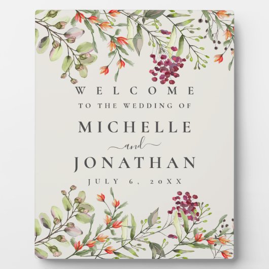 ワイルドフラワー牧草地結婚のベージュ色歓迎サイン フォトプラーク (正面)