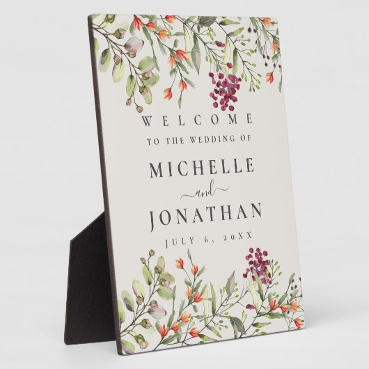 ワイルドフラワー牧草地結婚のベージュ色歓迎サイン フォトプラーク (側面)