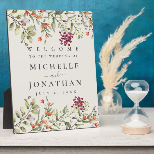 ワイルドフラワー牧草地結婚のベージュ色歓迎サイン フォトプラーク (側面)