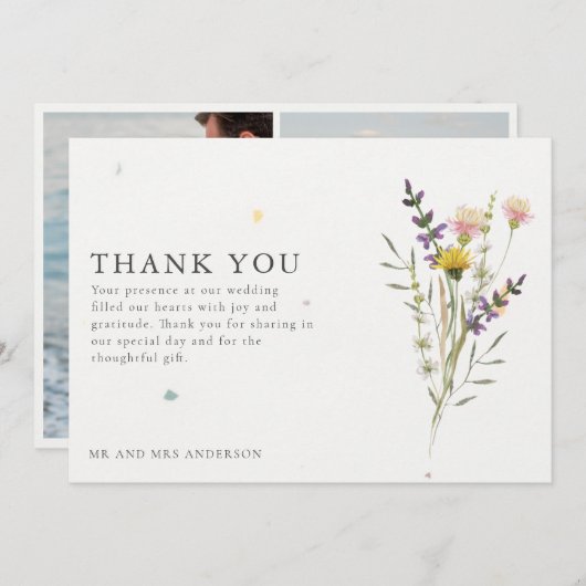 ワイルドフラワー牧草地2枚結婚の写真ありがとう サンキューカード (正面/裏面)