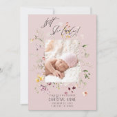 ワイルドフラワー生まれたばかりのフォトコラージュピンクガール誕生 案内状 (正面)