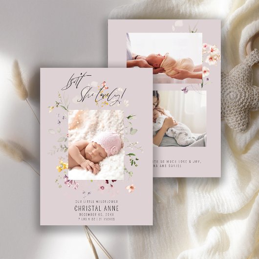 ワイルドフラワー生まれたばかりのフォトコラージュ薄紫ガール誕生 案内状