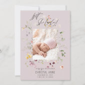 ワイルドフラワー生まれたばかりのフォトコラージュ薄紫ガール誕生 案内状 (正面)