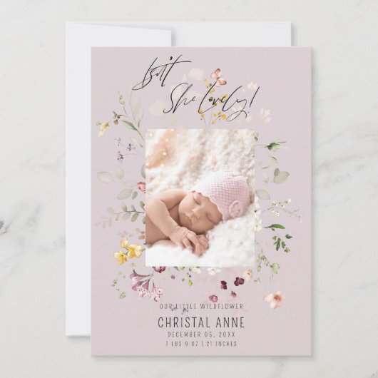 ワイルドフラワー生まれたばかりのフォトコラージュ薄紫ガール誕生 案内状 (正面)