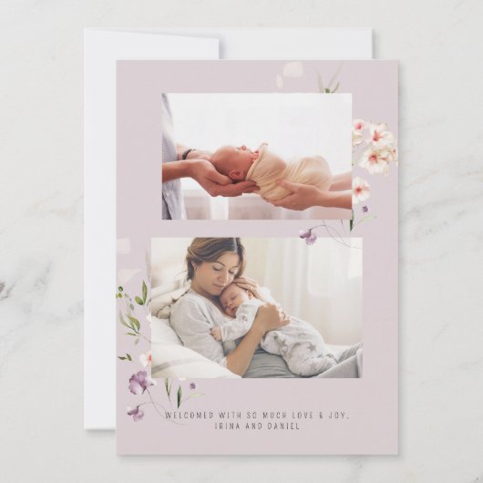 ワイルドフラワー生まれたばかりのフォトコラージュ薄紫ガール誕生 案内状 (裏面)