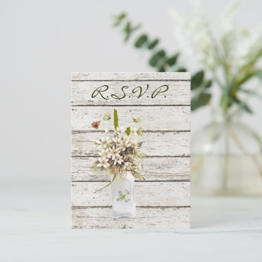 ワイルドフラワー白漆塗りフランスのの木戸国の結婚式 インビテーションポストカード (スタンド正面)