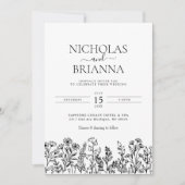 ワイルドフラワー白黒ボホ結婚の写モダン真 招待状 (正面)