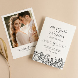ワイルドフラワー白黒ボホ結婚の写モダン真 招待状