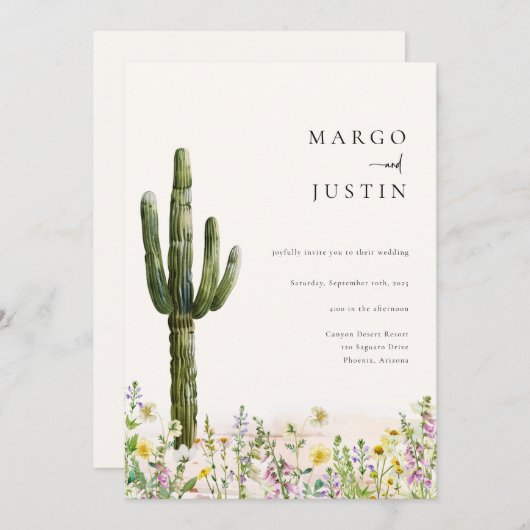 ワイルドフラワー砂漠サボテンウェディング 招待状 (正面/裏面)