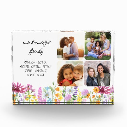 ワイルドフラワー私たちの家族の名と4写真 フォトブロック (正面)