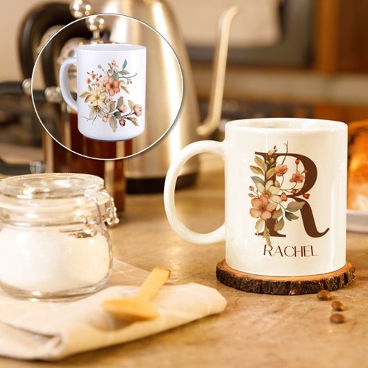 ワイルドフラワー秋の水彩イニシャルR コーヒーマグカップ