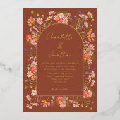ワイルドフラワー秋の結婚式焦げオレンジ金ゴールド 箔招待状 (正面)