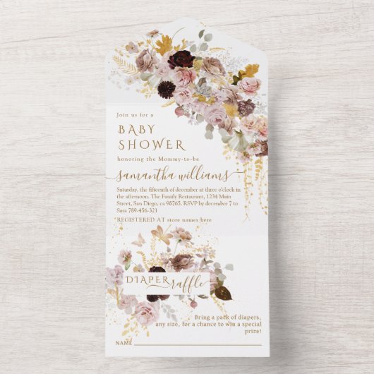 ワイルドフラワー秋エレガント金ゴールドベビーガールシャワー オールインワン招待状 (内側)