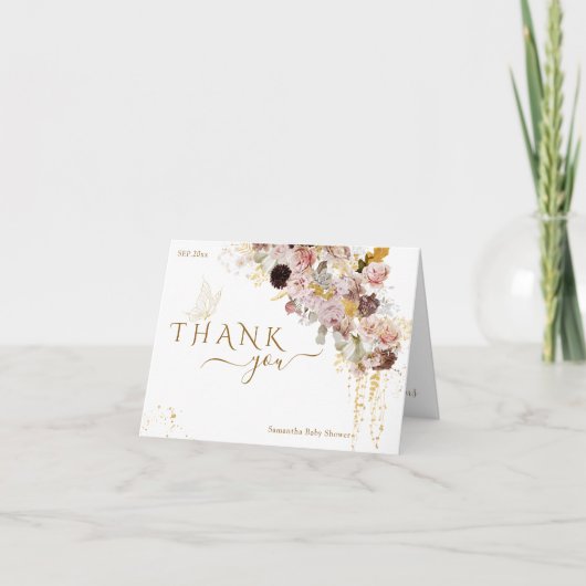 ワイルドフラワー秋エレガント金ゴールドベビーガールシャワー サンキューカード (正面)
