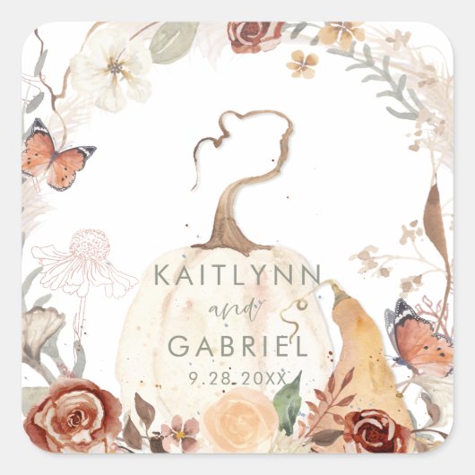 ワイルドフラワー秋カボチャリースウォーターカラー結婚ズ スクエアシール (正面)
