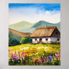 ワイルドフラワー素朴の水彩国コテージ ポスター