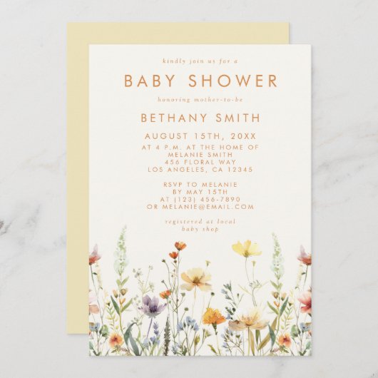 ワイルドフラワー素朴の赤ちゃんシャワー 招待状 (正面/裏面)