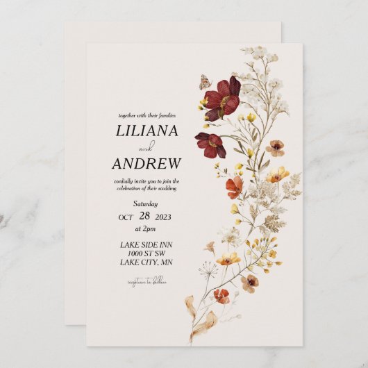 ワイルドフラワー素朴ウォーターのカラー結婚式招待状 招待状 (正面/裏面)