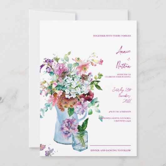 ワイルドフラワー素朴ウォーターの色のフローラ結婚の 招待状 (正面)