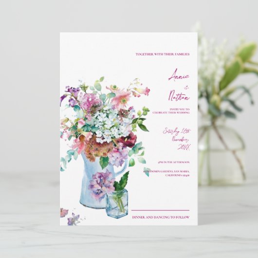 ワイルドフラワー素朴ウォーターの色のフローラ結婚の 招待状 (スタンド正面)