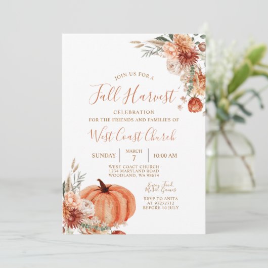 ワイルドフラワー素朴カボチャ秋ハーベストお祝い 招待状 (スタンド正面)