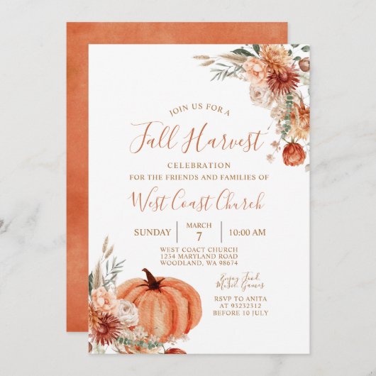 ワイルドフラワー素朴カボチャ秋ハーベストお祝い 招待状 (正面/裏面)