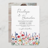 ワイルドフラワー素朴カントリーBohoシックなフォトズ結婚ーズ 招待状 (正面/裏面)
