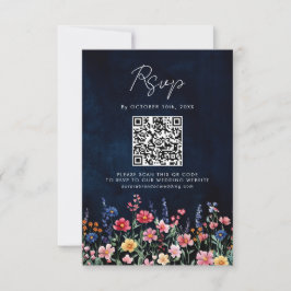 ワイルドフラワー素朴カントリーBohoフローラネイビーQRコード 出欠カード