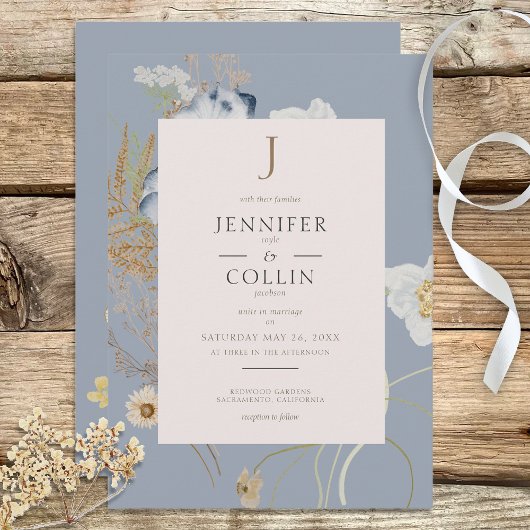 ワイルドフラワー素朴グモノグラムほこりっぽい青 招待状