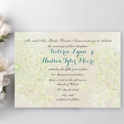 ワイルドフラワー素朴グリーンとティール(緑がかった色)クイーンズレース 招待状
