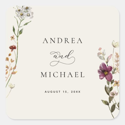 ワイルドフラワー素朴ズアイボリークリームロマン結婚ティック スクエアシール (正面)
